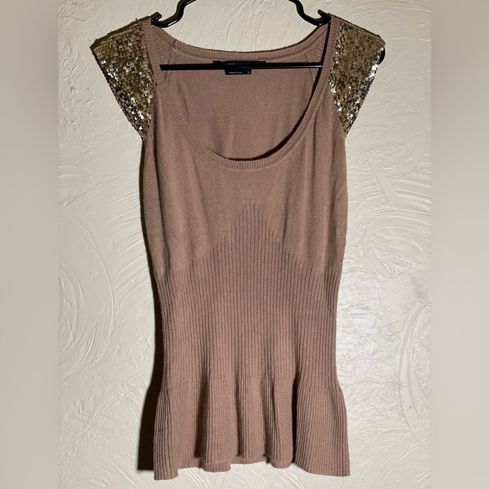 BCBGMAXAZRIA Silk Cashmere Sequin Cap Sleeve Faux Peplum Knit Sweater M Ecru Tan